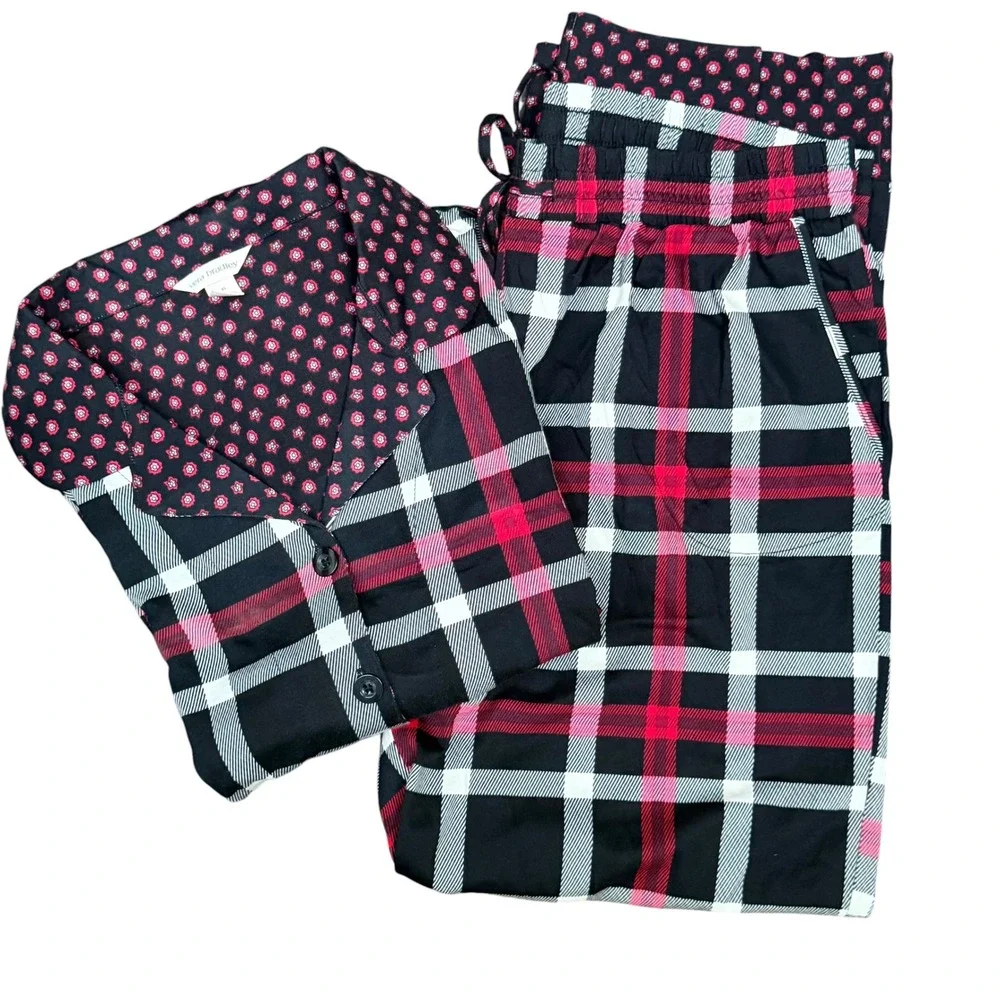Vera Bradley Pajamas Women XL Black Plaid Button Down Sleepwear Set Loungewear